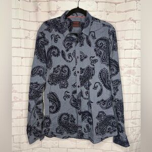 Jared Lang Paisley Button Down Shirt Blue Slim Fit Statement Designer Mens Sz Lg